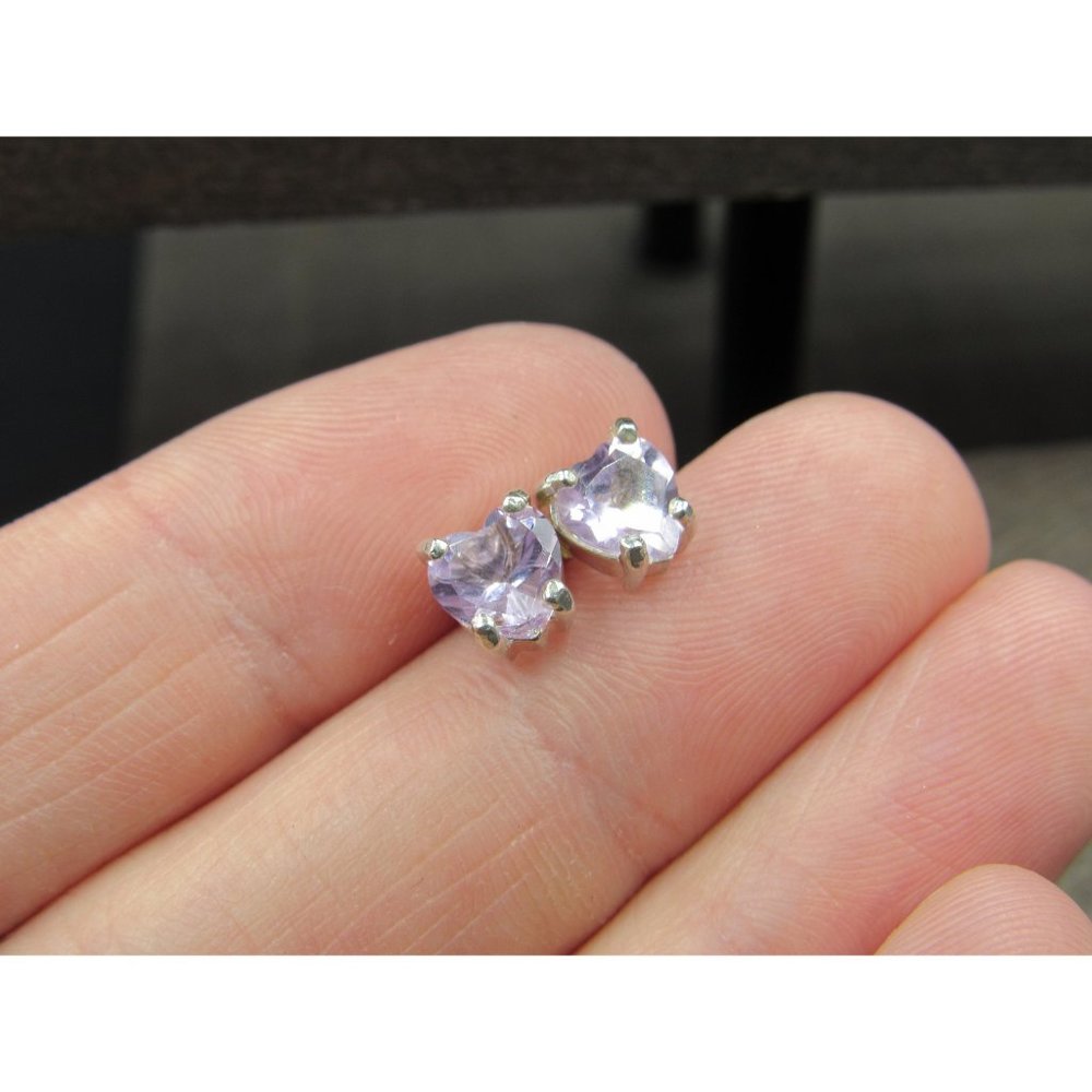 Sterling Silver Cute Purple Amethyst Heart Small Stud Earrings View 2